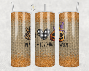 Halloween Peace and Love Tumbler, Gifts For friends, Gifts for couples, Personalized gift for couples, Gift for her, 20oz Skinny Tumbler
