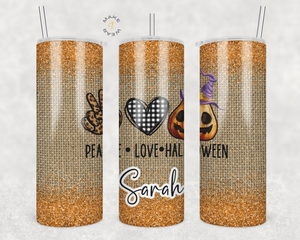 Halloween Peace and Love Tumbler, Gifts For friends, Gifts for couples, Personalized gift for couples, Gift for her, 20oz Skinny Tumbler