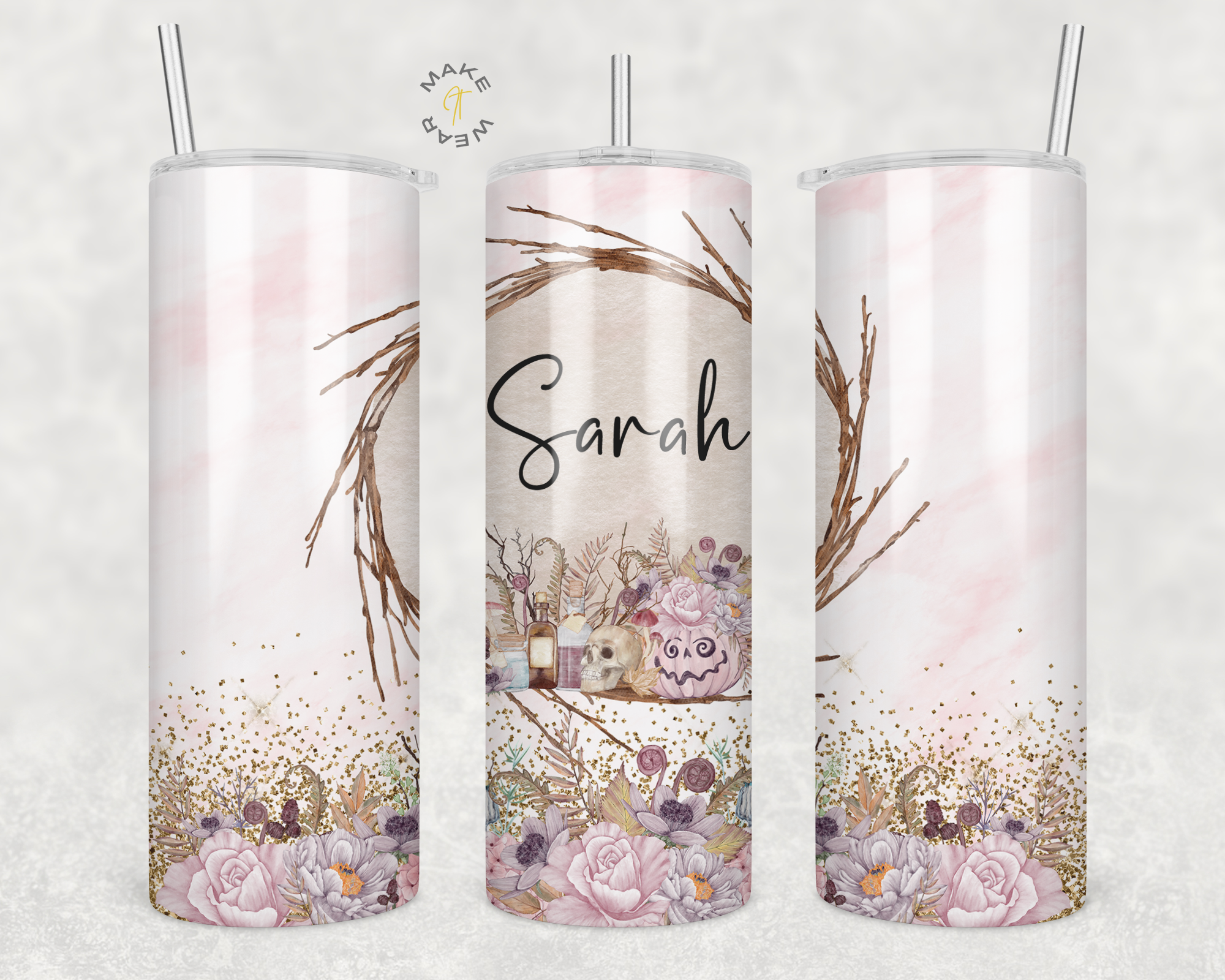 Floral Wreath Tumbler, Gifts For friends, Gifts for couples, Personalized gift for couples, Gift for her, 20oz Skinny Tumbler